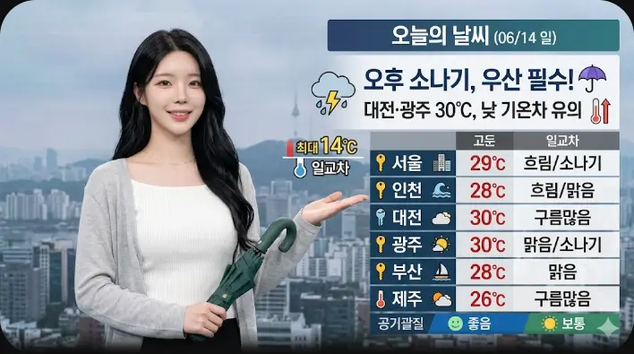 06/14(일) 오후에 소나기 소식, 외출하신다면 우산을 챙겨주세요 ☂️