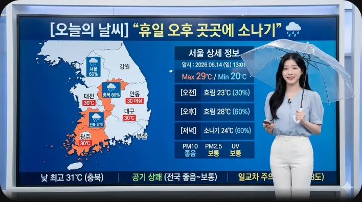 06/14(일) 오후 1시기준 휴일 오후 곳곳에 소나기, 작은 우산 챙기세요 ☂️