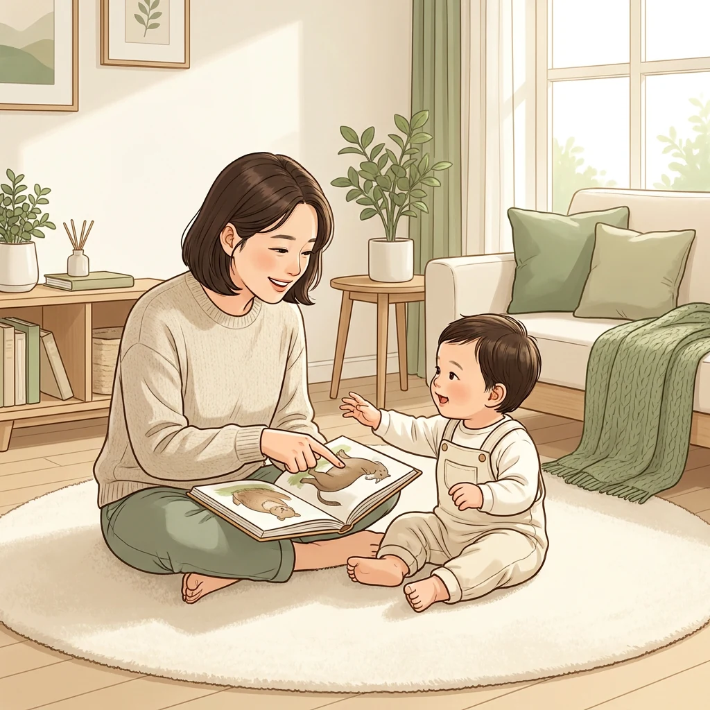 아기 언어발달, 말이 느린 것 같을 때 확인하는 핵심 가이드 — 밝은 거실 바닥의 부드러운 러그 위에서 엄마와 돌 무렵 한국 아기가 마주 앉아 눈을 맞추며 그림책을 함께 보는 장면.